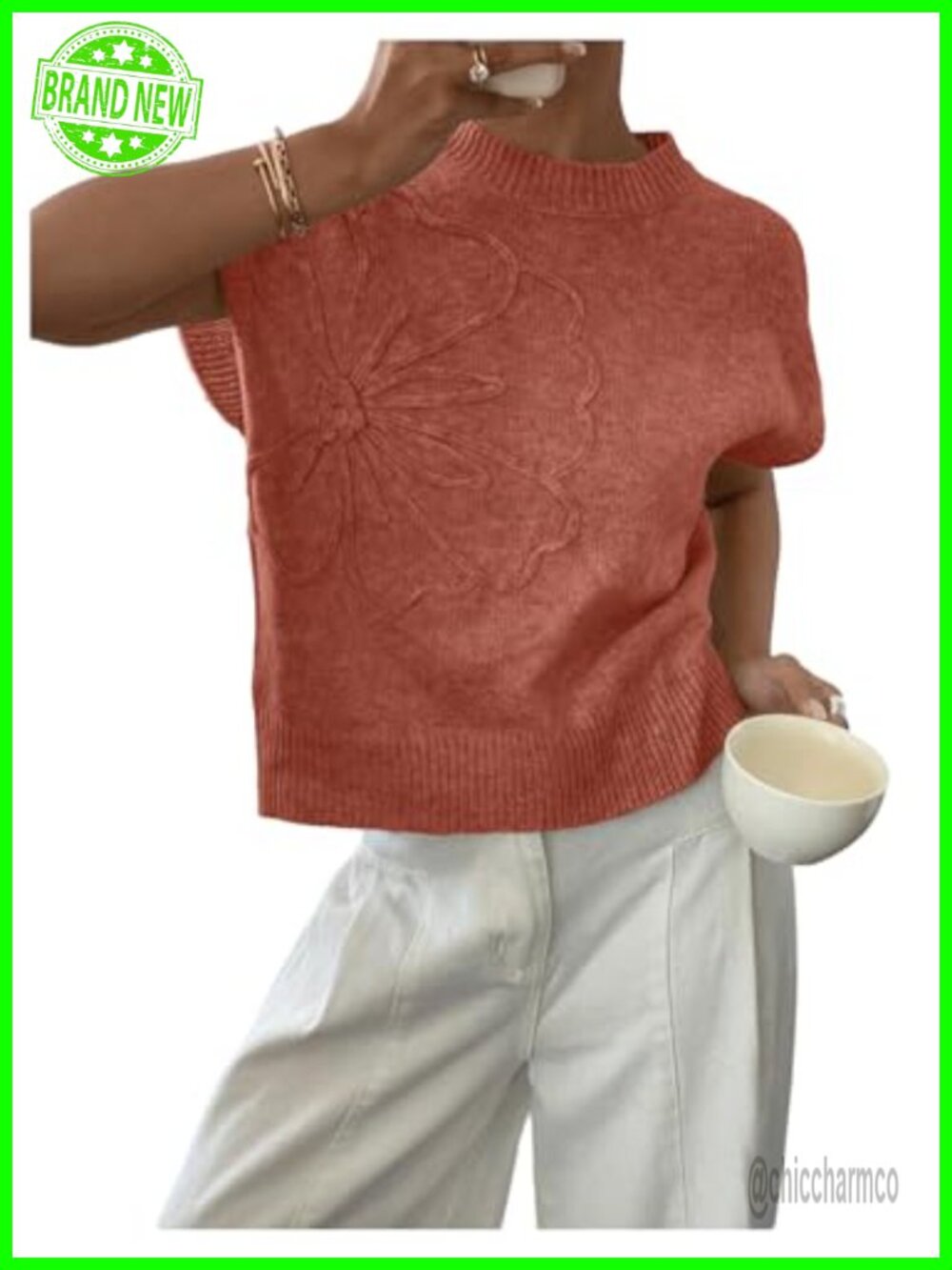 Womens Short Sleeve 3D Floral Crochet Sweater Top Loose Fit Cap Sleeve
